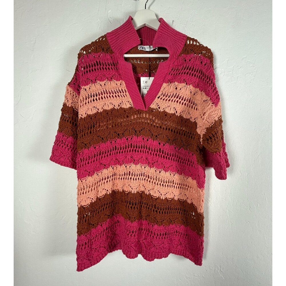 Zara Womens Crochet Knit Striped Sweater S-M Short Sleeve Pink Pullover New